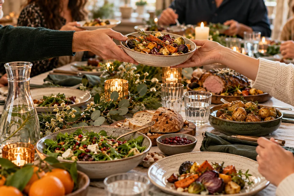 Festdukat bord med grönsaker, gemensamma rätter och en vattenkaraff