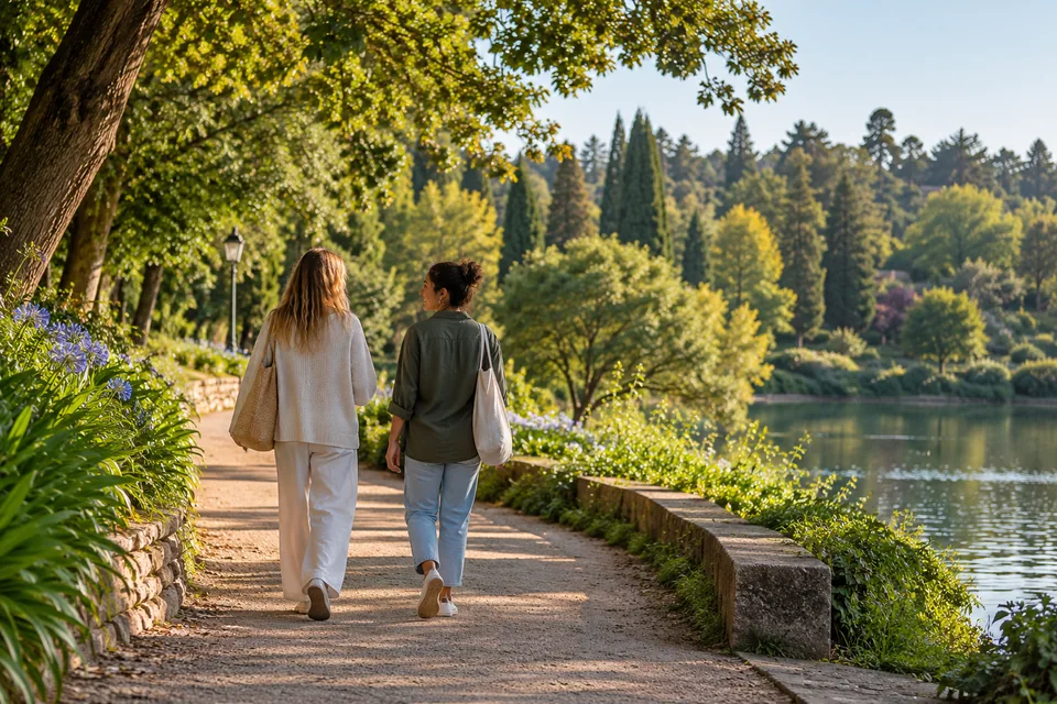 Vänner på promenad längs en grön parkväg
